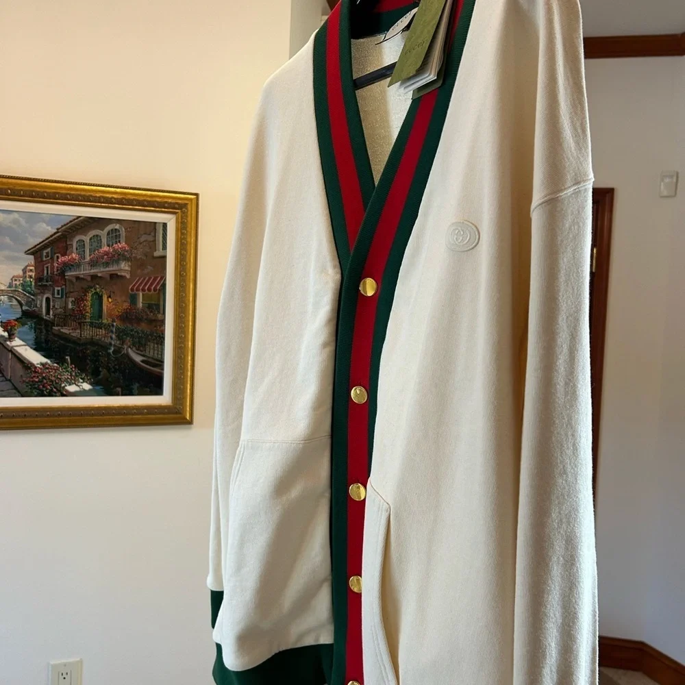 Men's Gucci jersey cotton cardigan web detail size large made in Italy